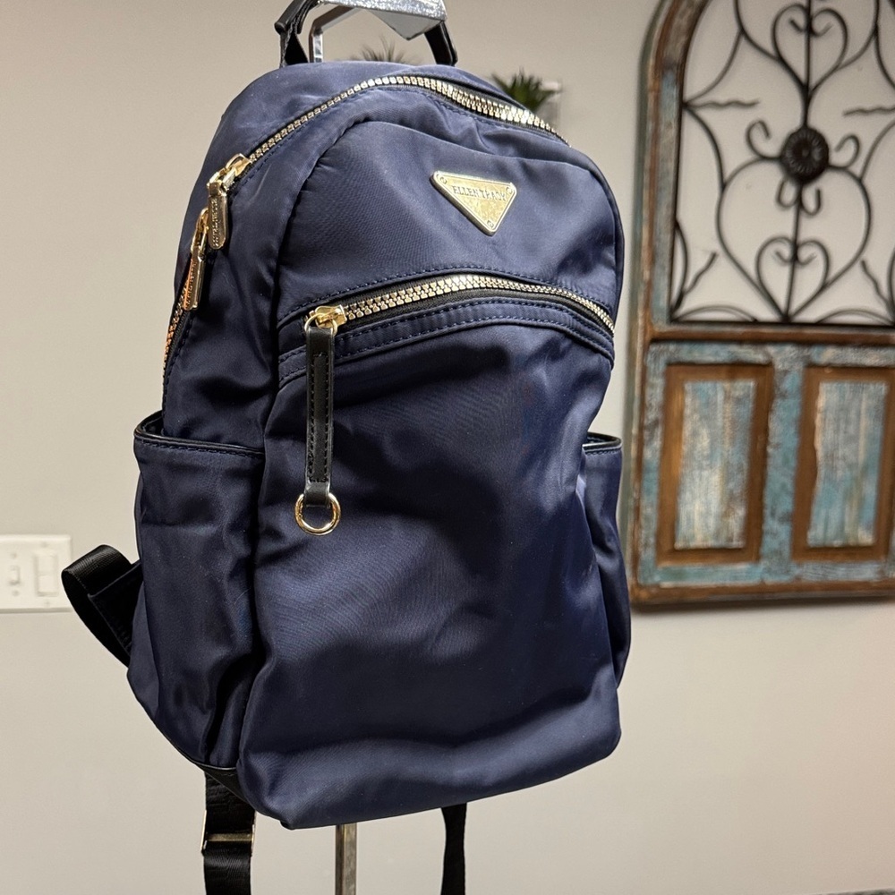 Ellen Tracy Navy Nylon Backpack with Gold Hardware EUC - Picture 8 of 17
